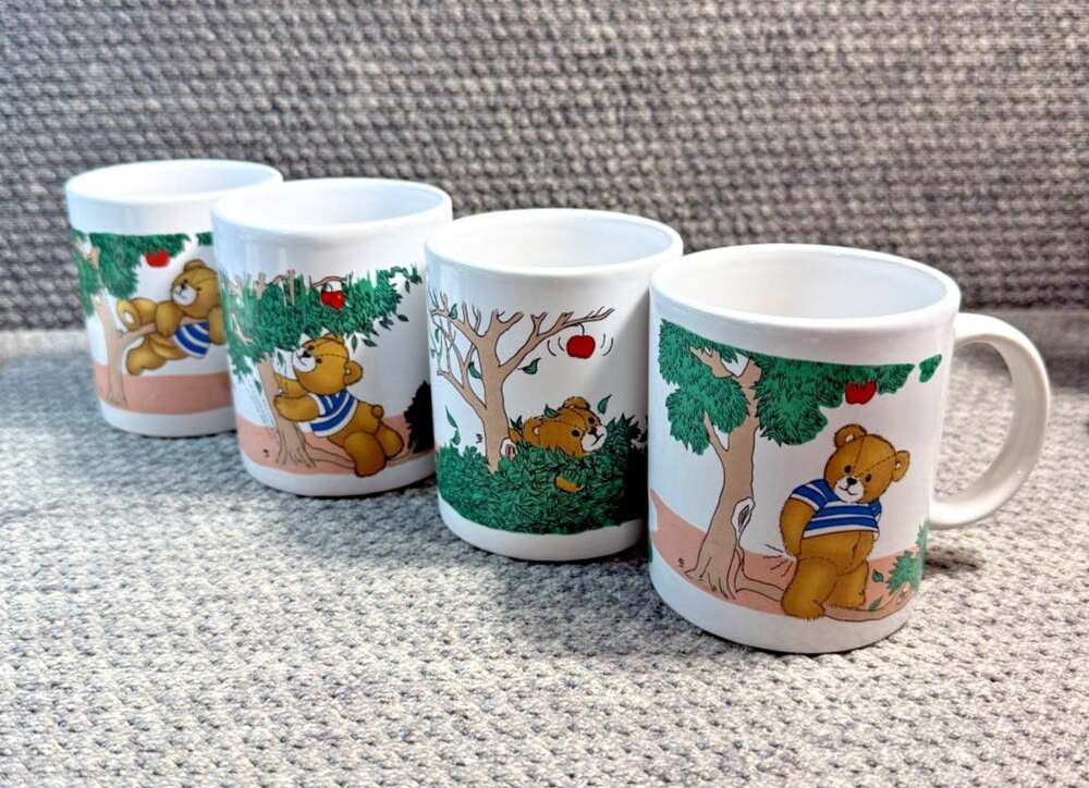 Tabletops Unlimited, Bear Climbing Tree Playful Teddy Bear Set of 4 Coffee Mugs